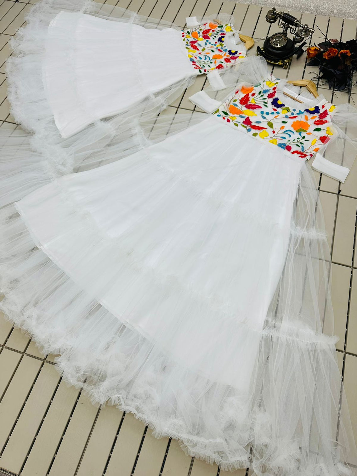 Beautiful Work White Color Mother Daughter Gown