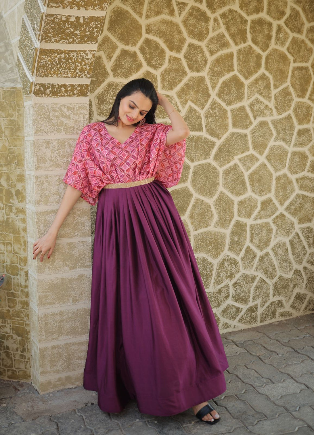 Occasion Wear Sequins Work Wine Color Printed Gown