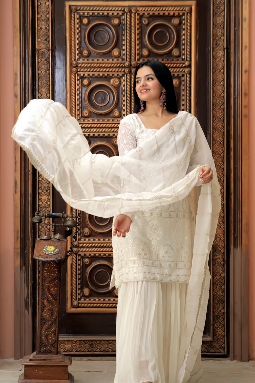 Stylish Embroidered Work White Color Sharara Suit