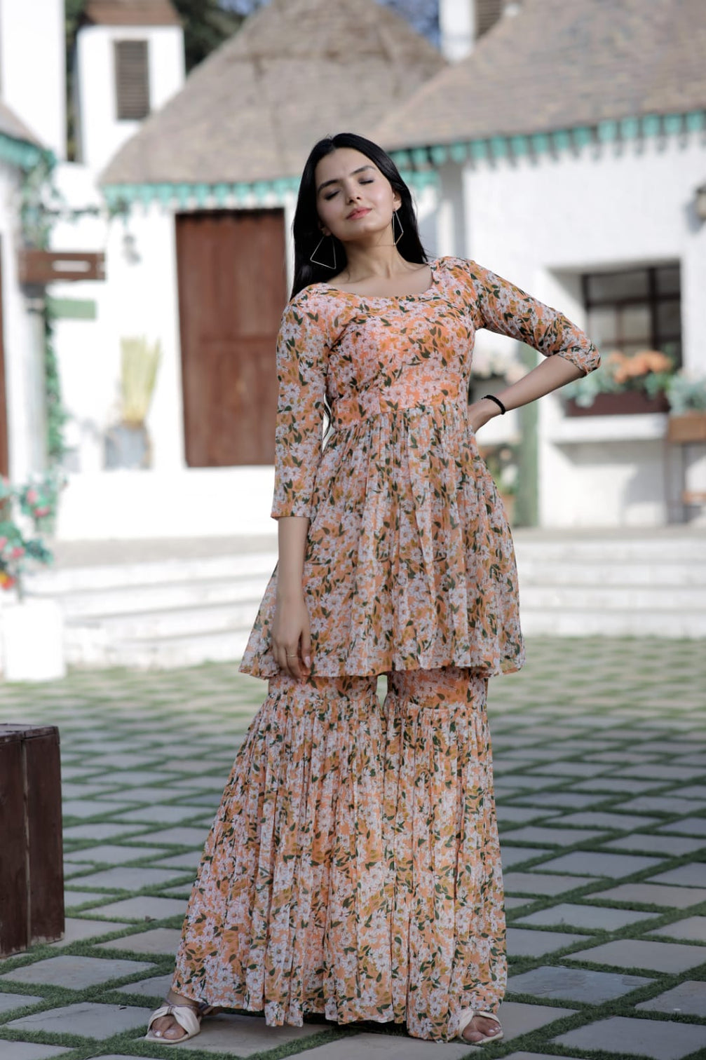 Flower Print Work Peach Color Sharara Suit