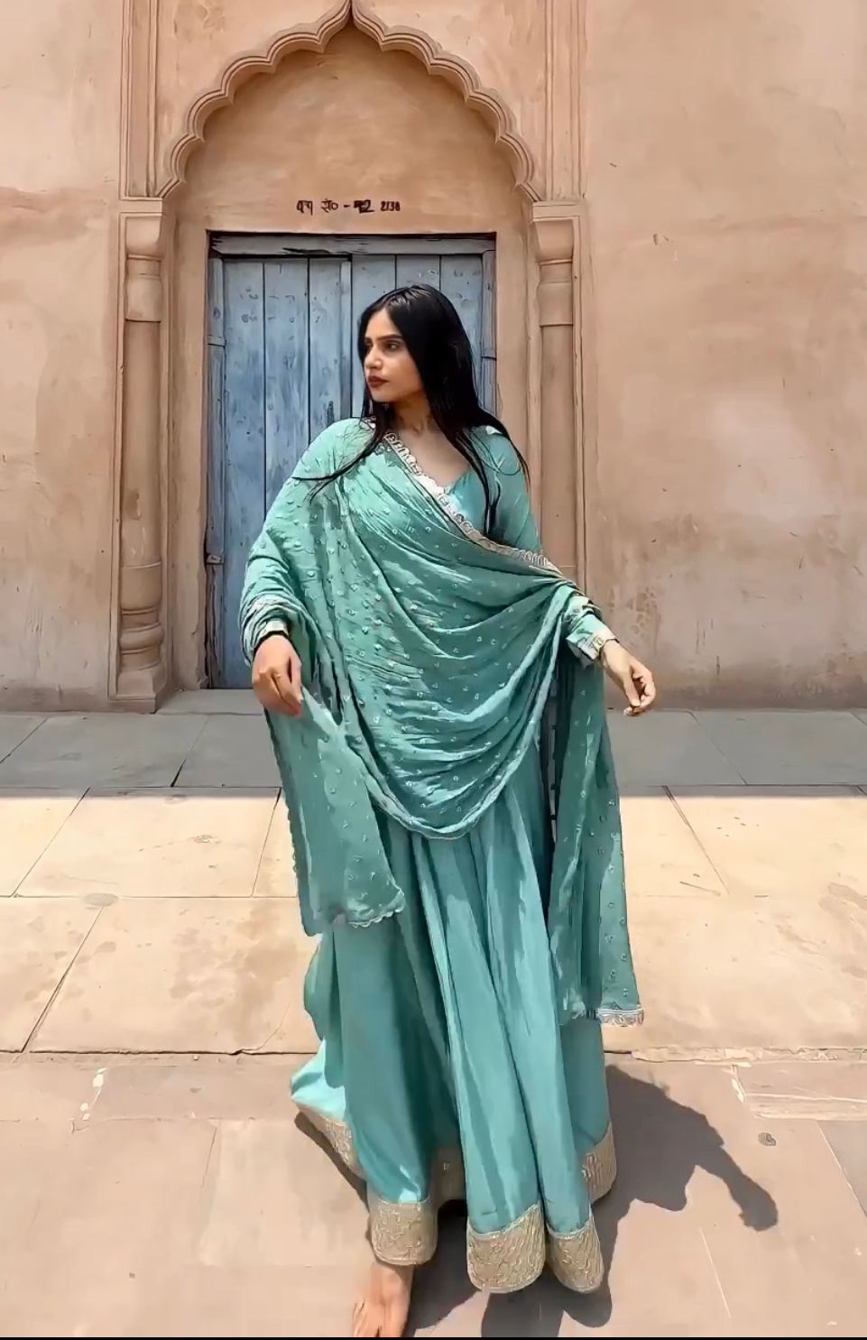 Daisy Teal Blue Sequence Work Long Gown