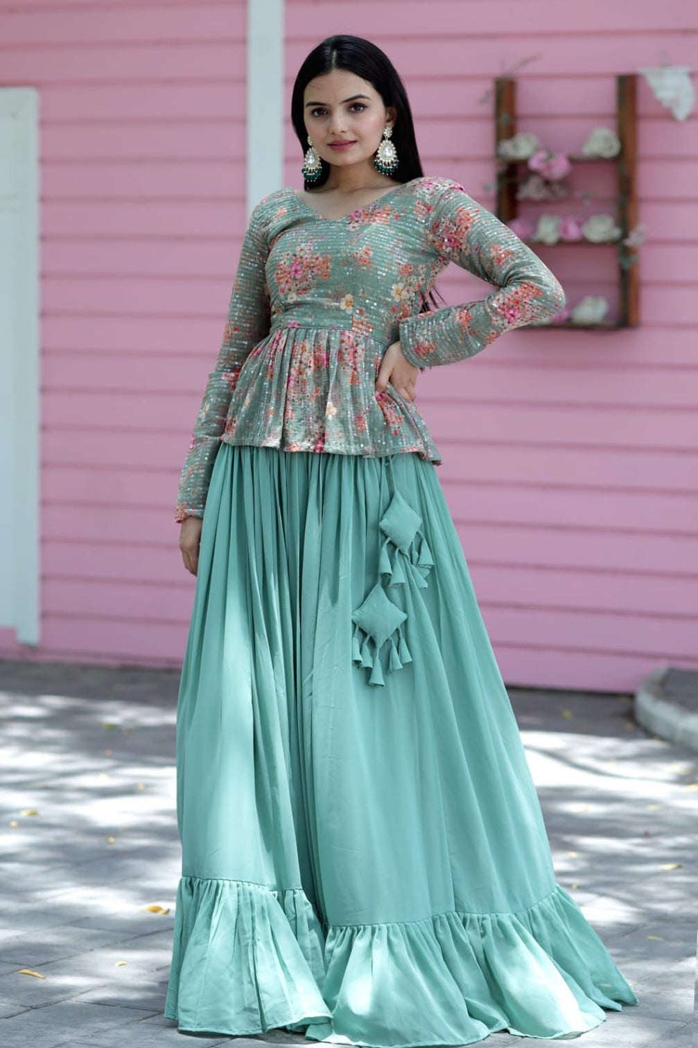 Beautiful Work Pista Green Lehenga With Top