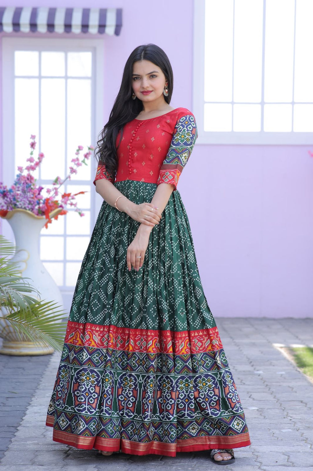 Classy Foil Print Work Green Color Gown