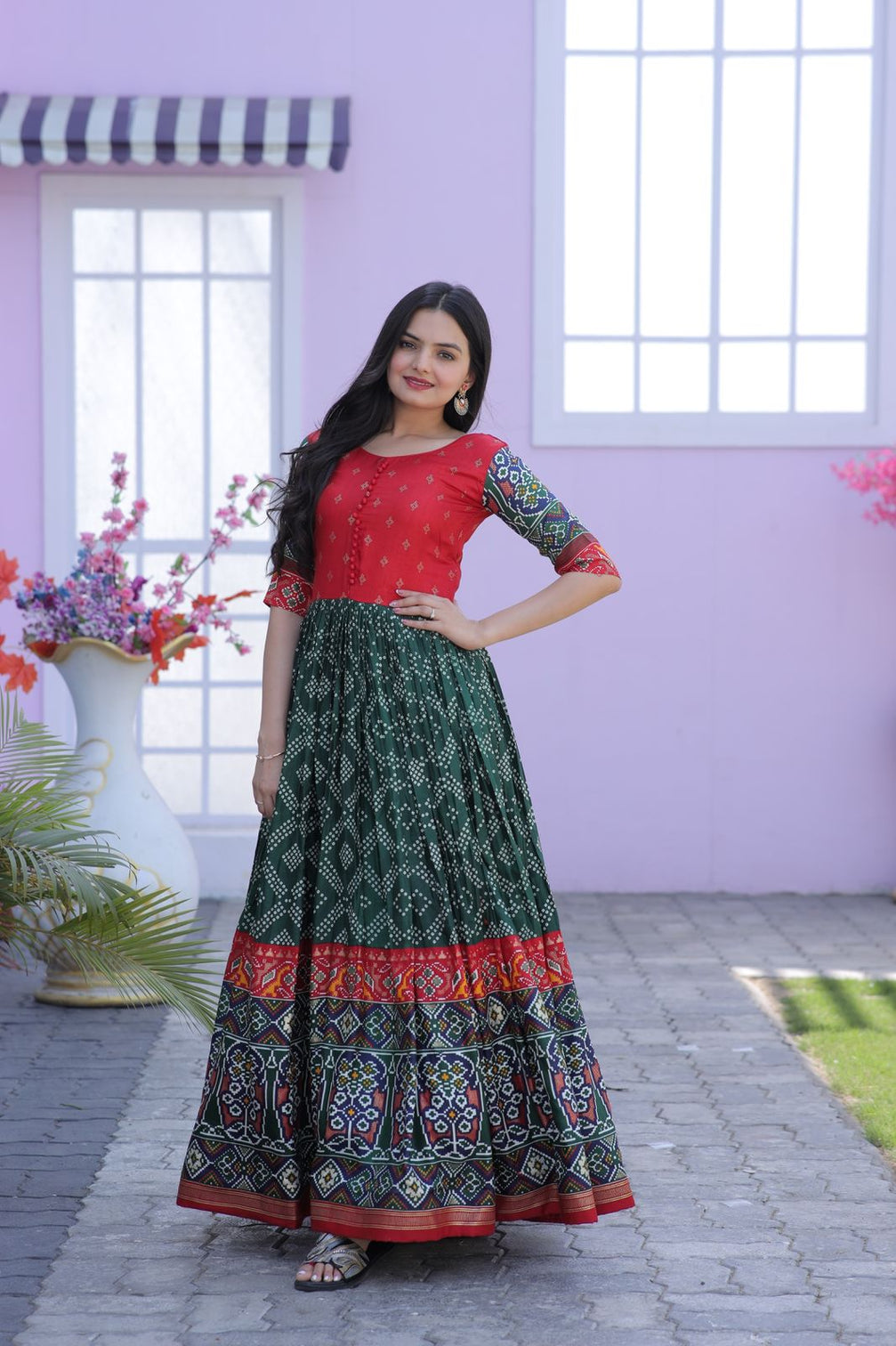 Classy Foil Print Work Green Color Gown