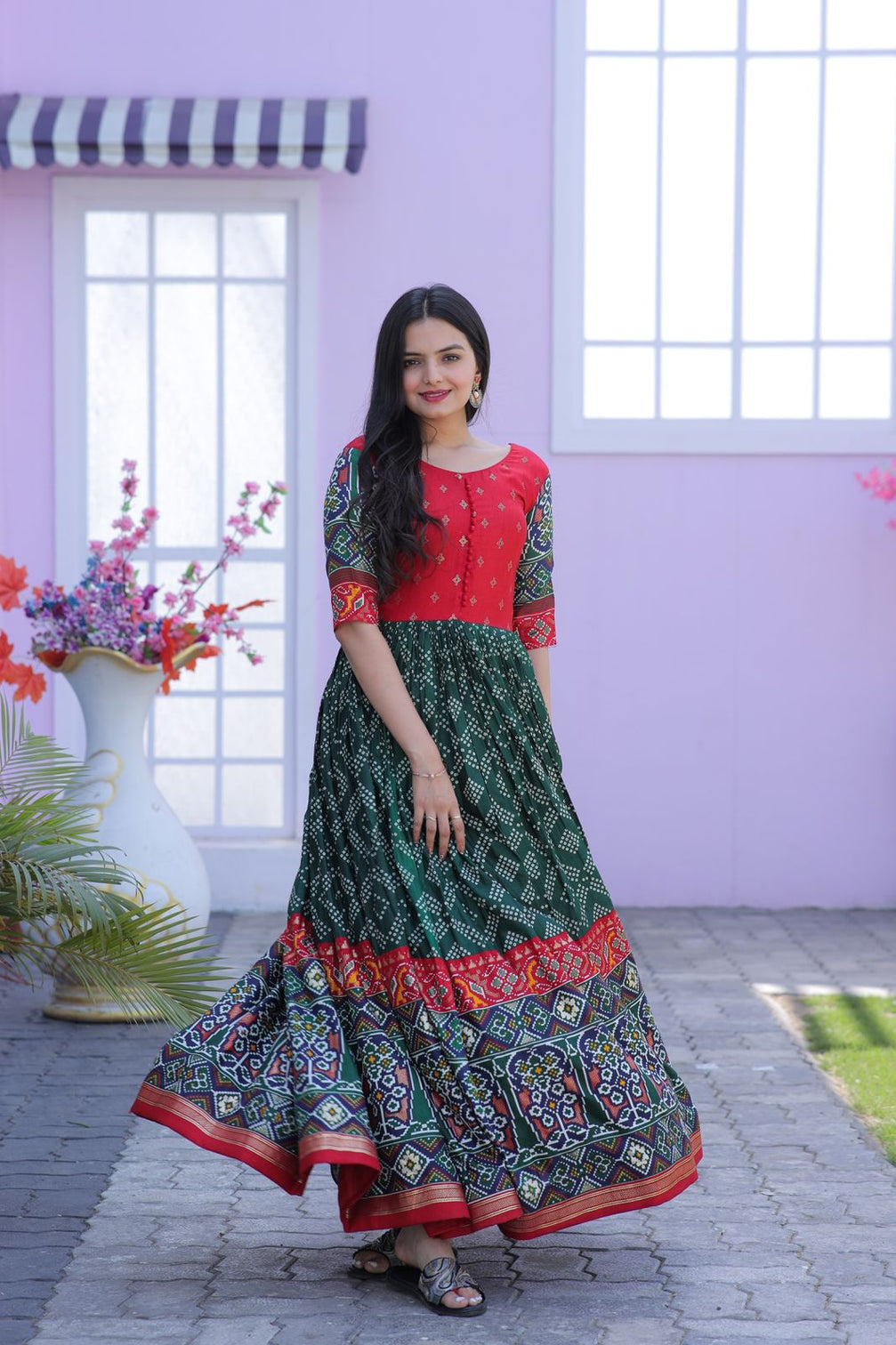 Classy Foil Print Work Green Color Gown