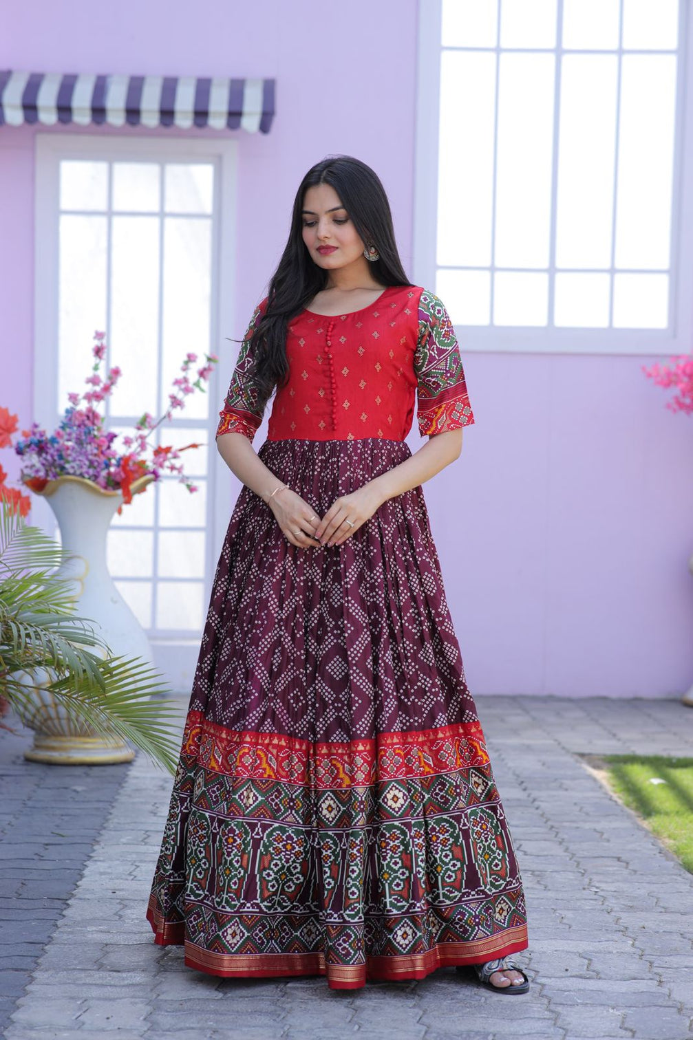 Classy Foil Print Work Wine Color Gown
