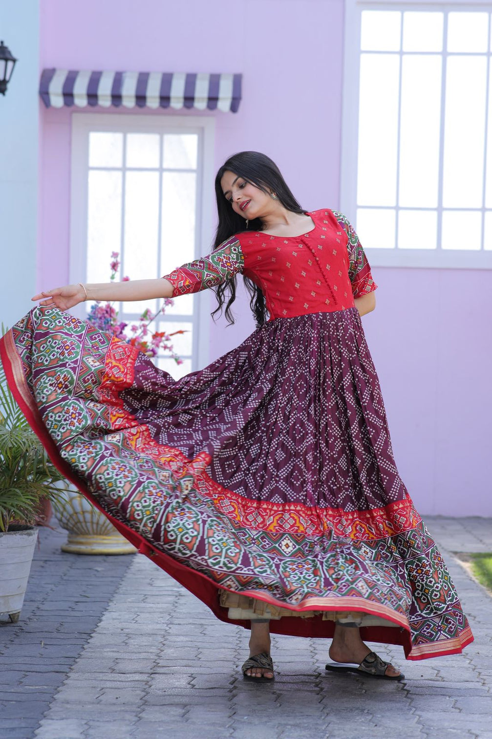 Classy Foil Print Work Wine Color Gown