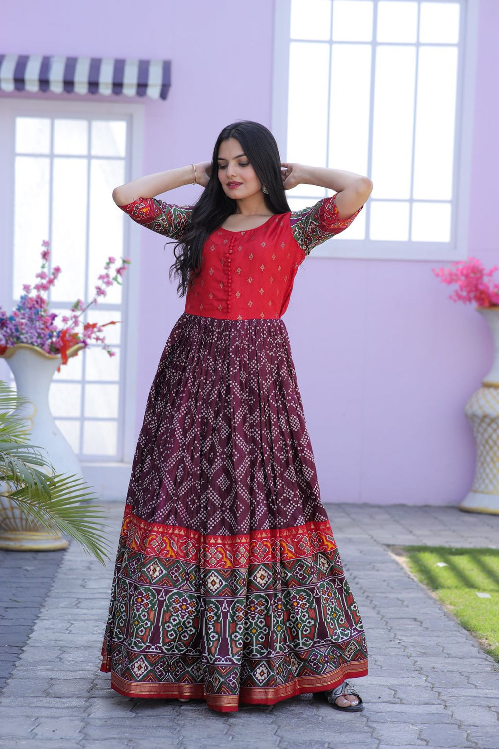 Classy Foil Print Work Wine Color Gown
