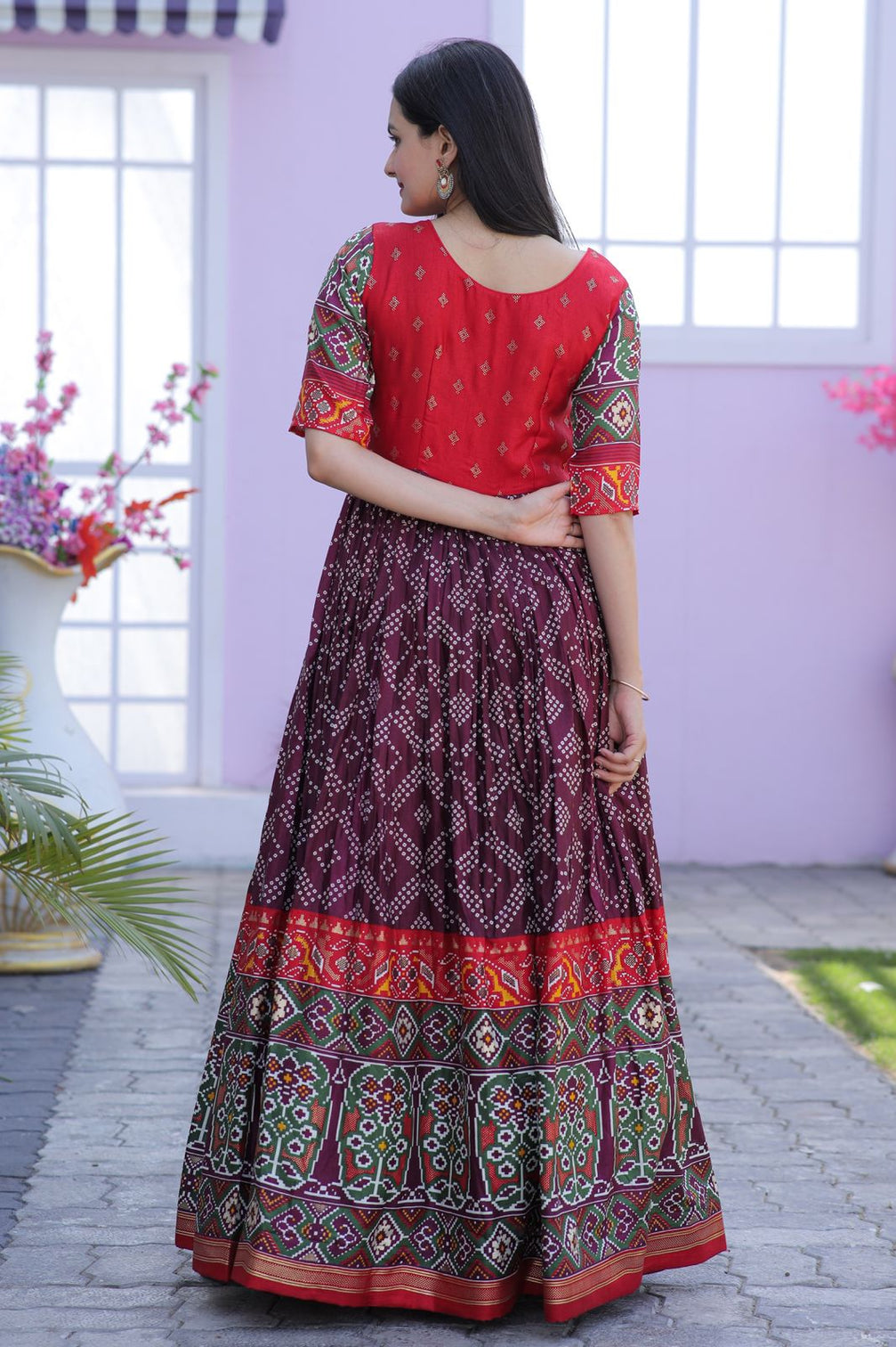 Classy Foil Print Work Wine Color Gown