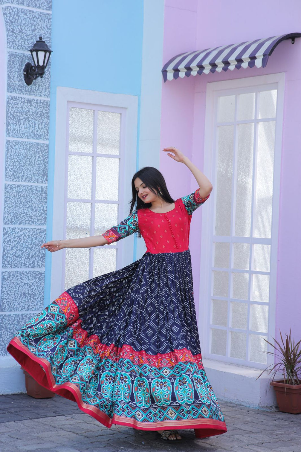Classy Foil Print Work Navy Blue Color Gown