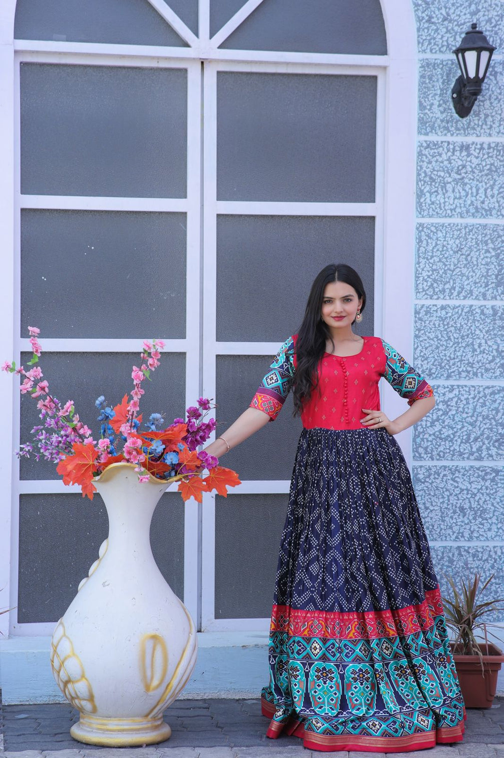 Classy Foil Print Work Navy Blue Color Gown