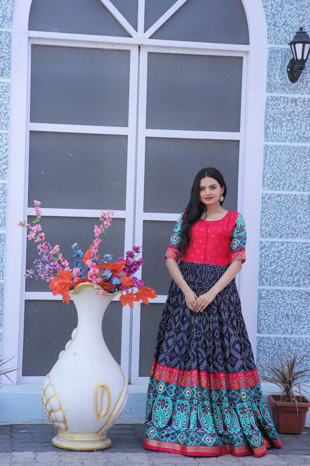 Classy Foil Print Work Navy Blue Color Gown