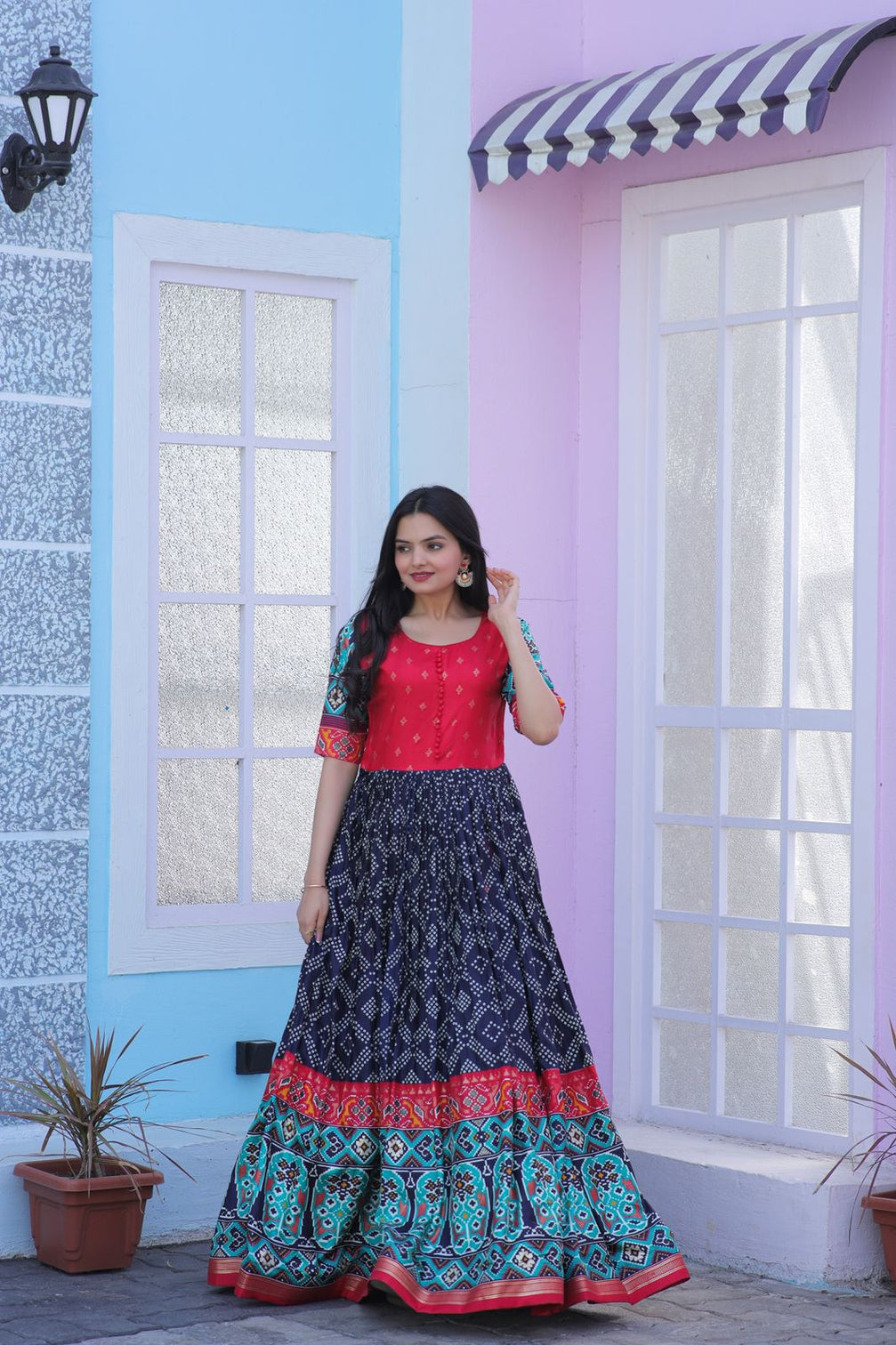 Classy Foil Print Work Navy Blue Color Gown
