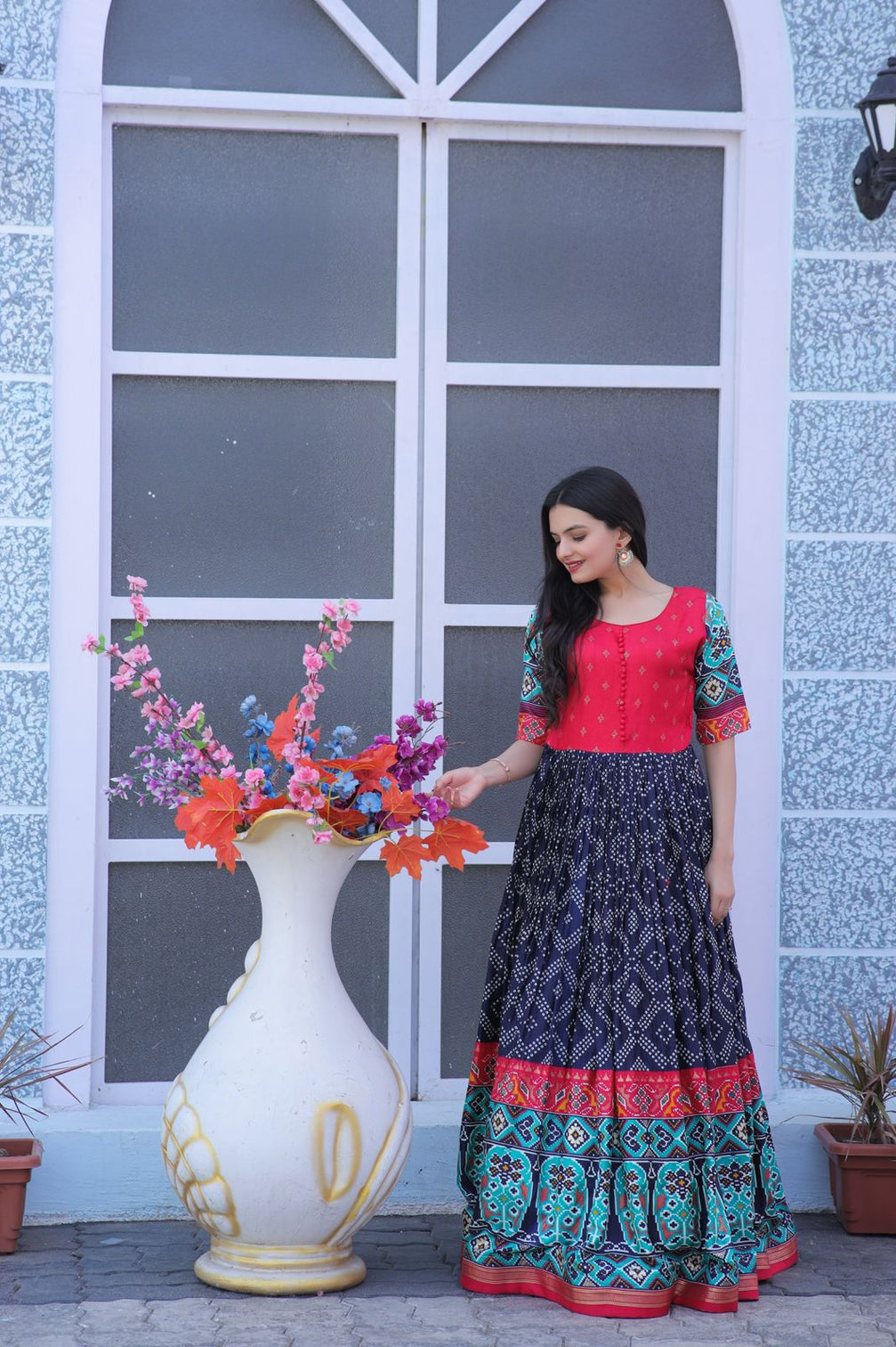 Classy Foil Print Work Navy Blue Color Gown