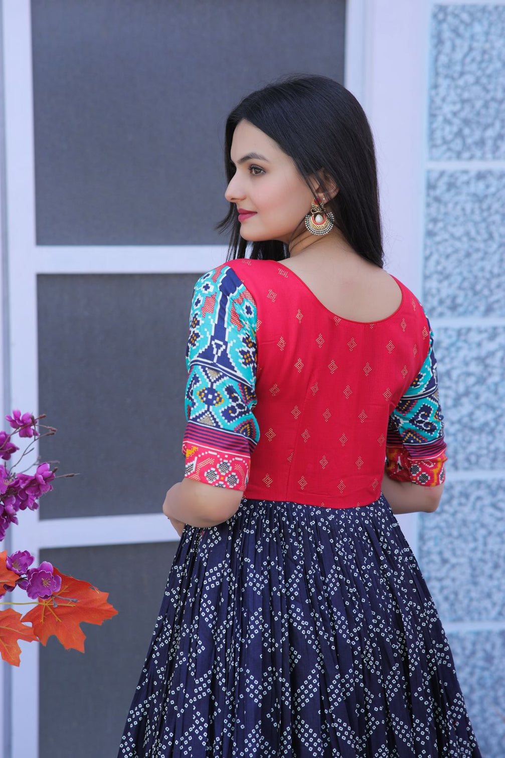 Classy Foil Print Work Navy Blue Color Gown
