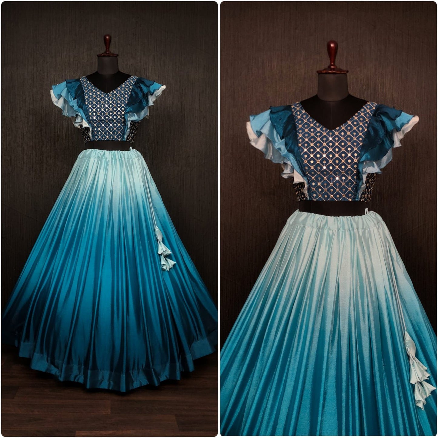 Stylish Teal Blue Color Double Tone Lehenga Choli