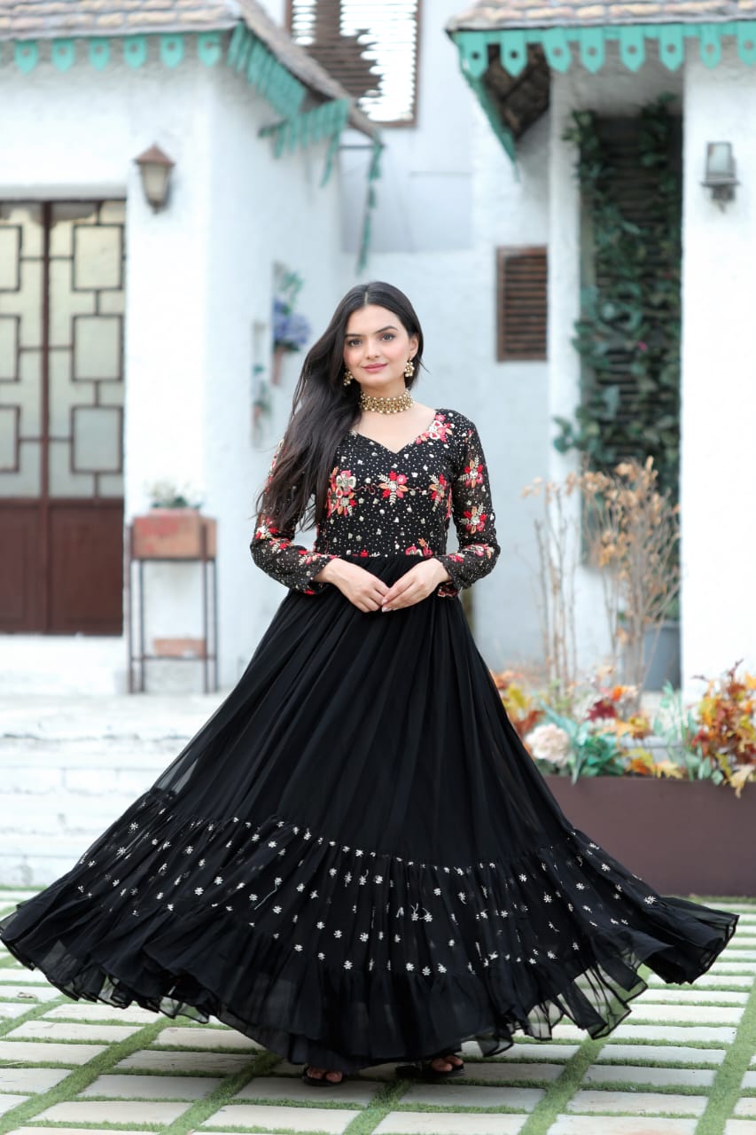 Beautiful Sequins Work Black Color Long Gown
