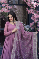 Lovely Dusty Pink Color Gown With Embroidered Work Dupatta