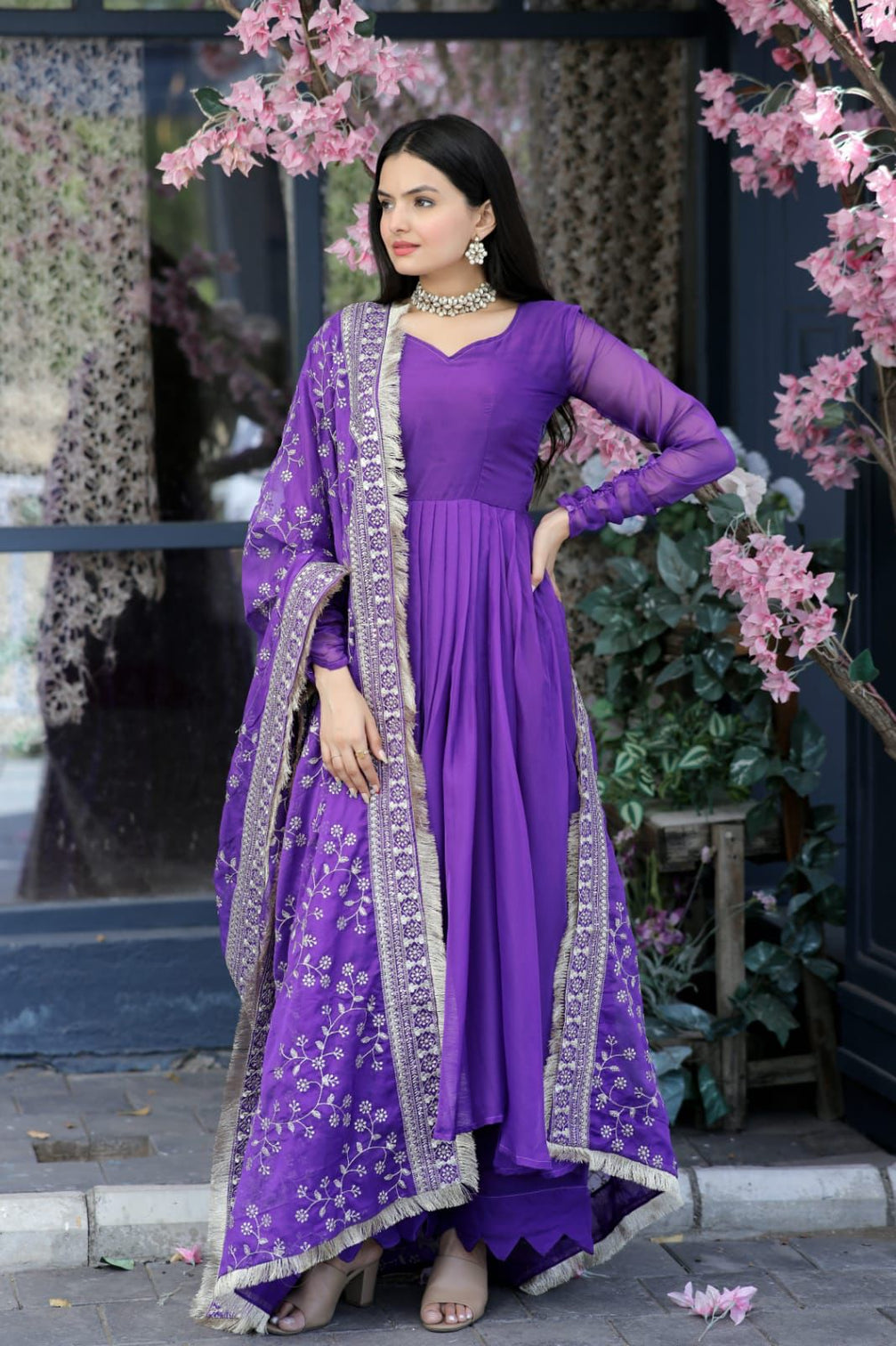 Lovely Purple Color Gown With Embroidered Work Dupatta