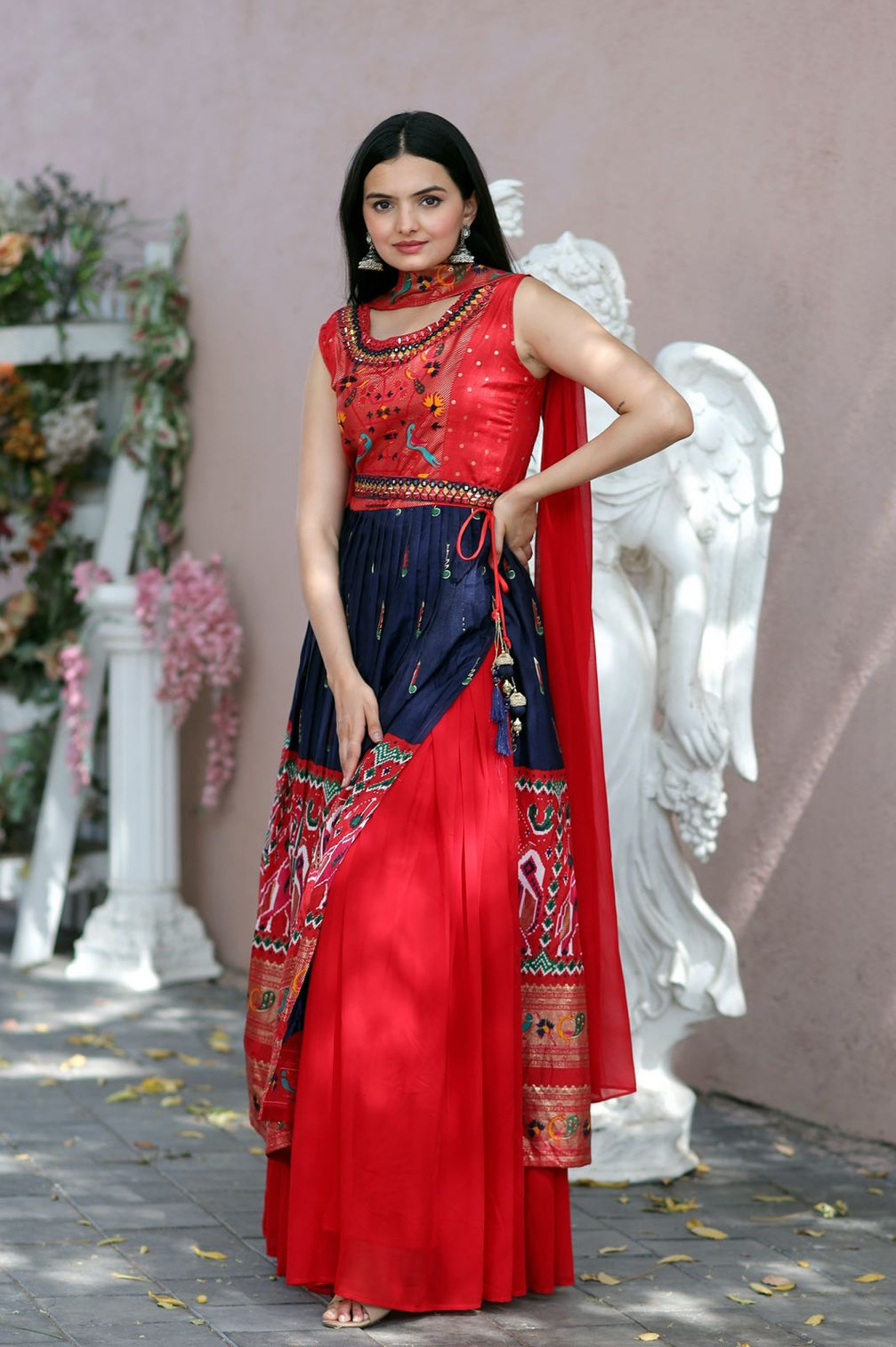 Designer Hand Mirror Red With Navy Blue Sharara Suit