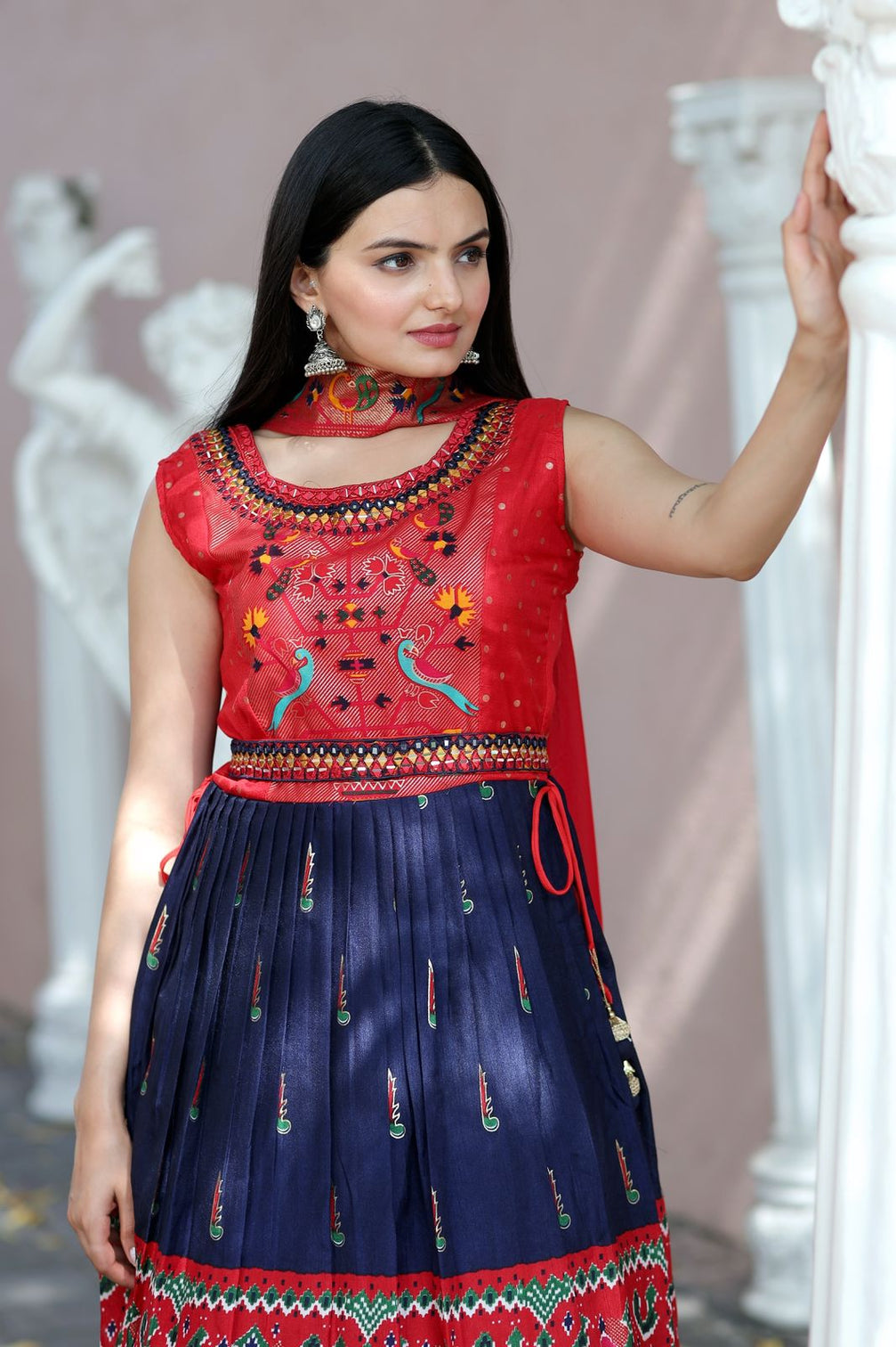 Designer Hand Mirror Red With Navy Blue Sharara Suit