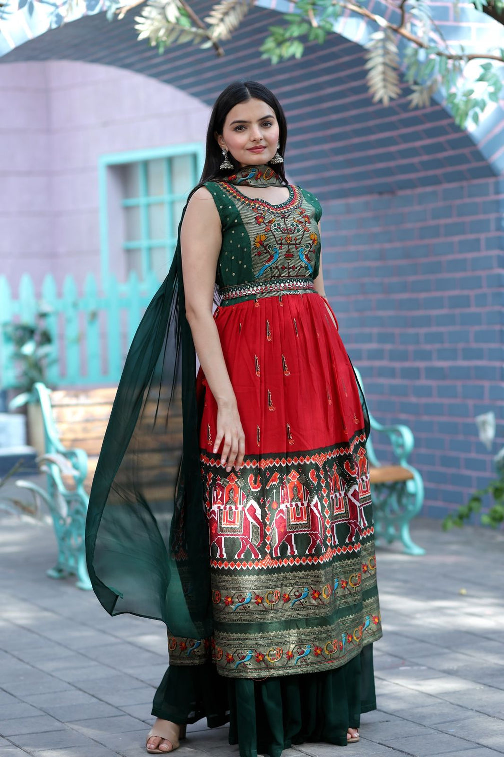 Designer Hand Mirror Work Green With Red Sharara Suit