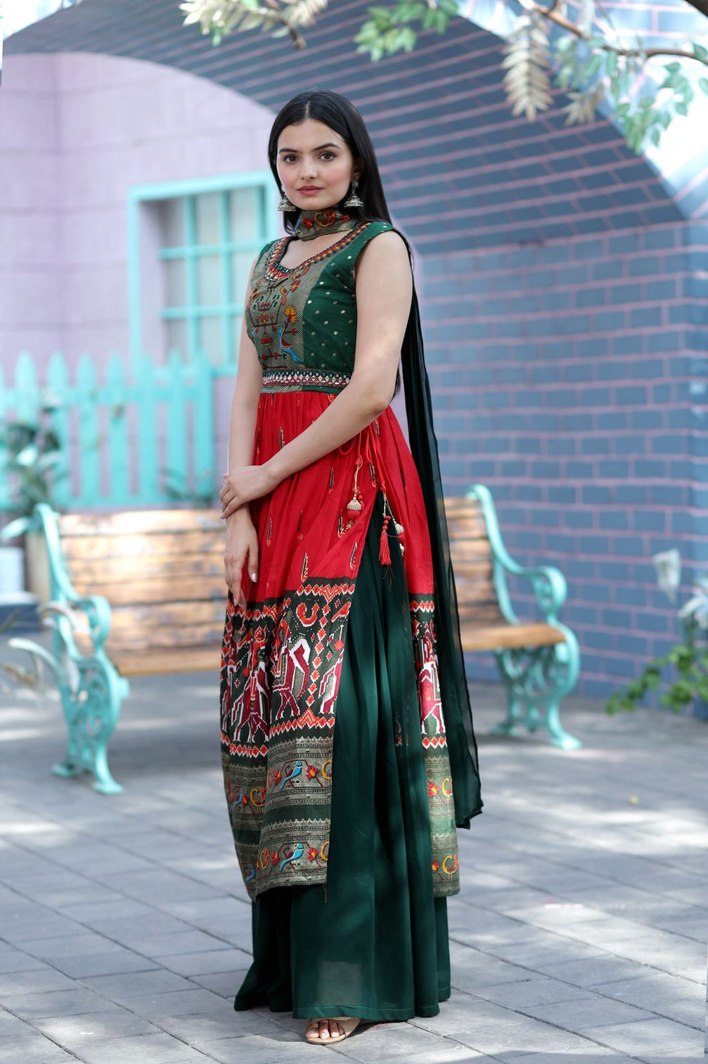 Designer Hand Mirror Work Green With Red Sharara Suit
