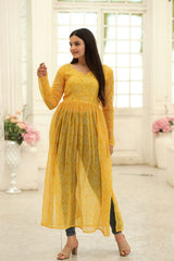 Party Wear Full Sleeves Yellow Color Kurti