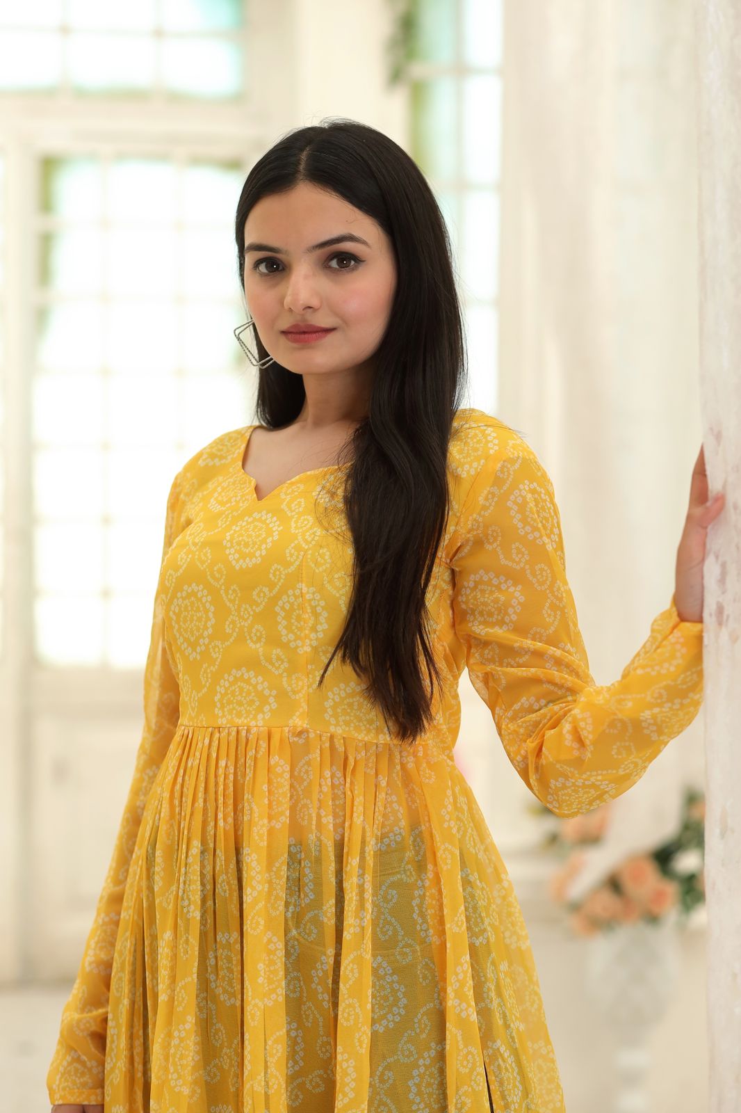 Party Wear Full Sleeves Yellow Color Kurti