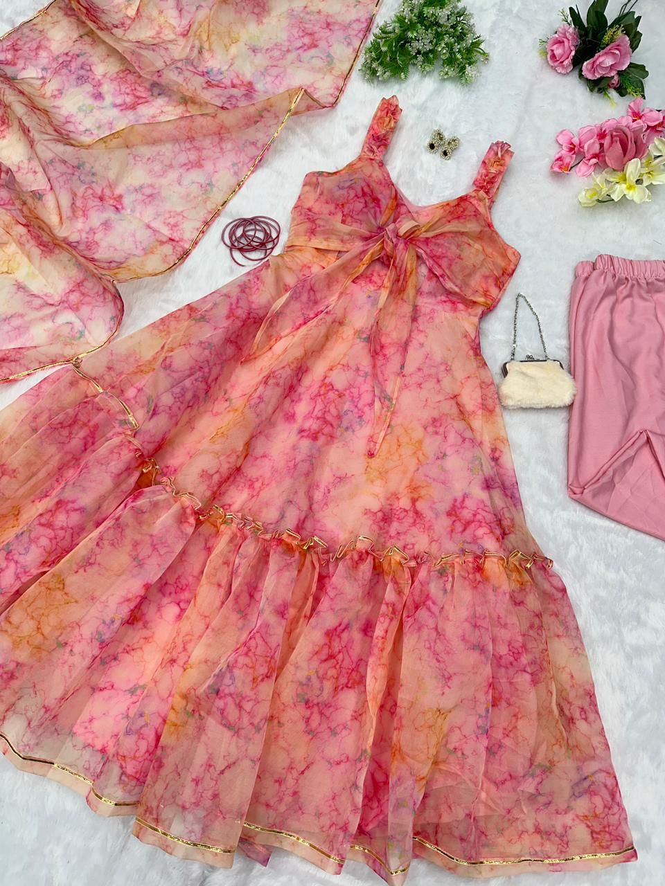 Digital Printed Peach Color Fully Stitched Anarkali Gown