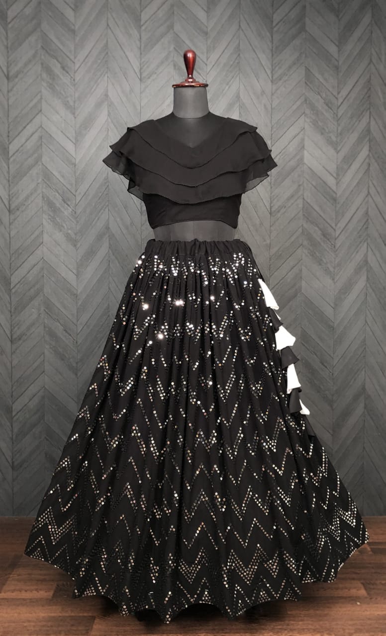 Fancy Embroidered Work Black Color Lehenga With Blouse