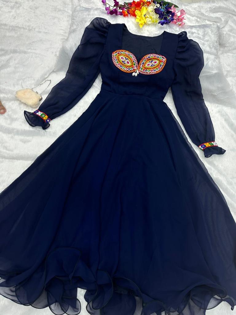 Fairy Look Mirror Work Navy Blue Color Anarkali Gown