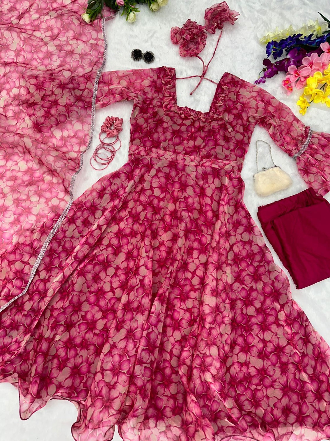 Fairy Look Wine Color Organza Silk Anarkali Suit