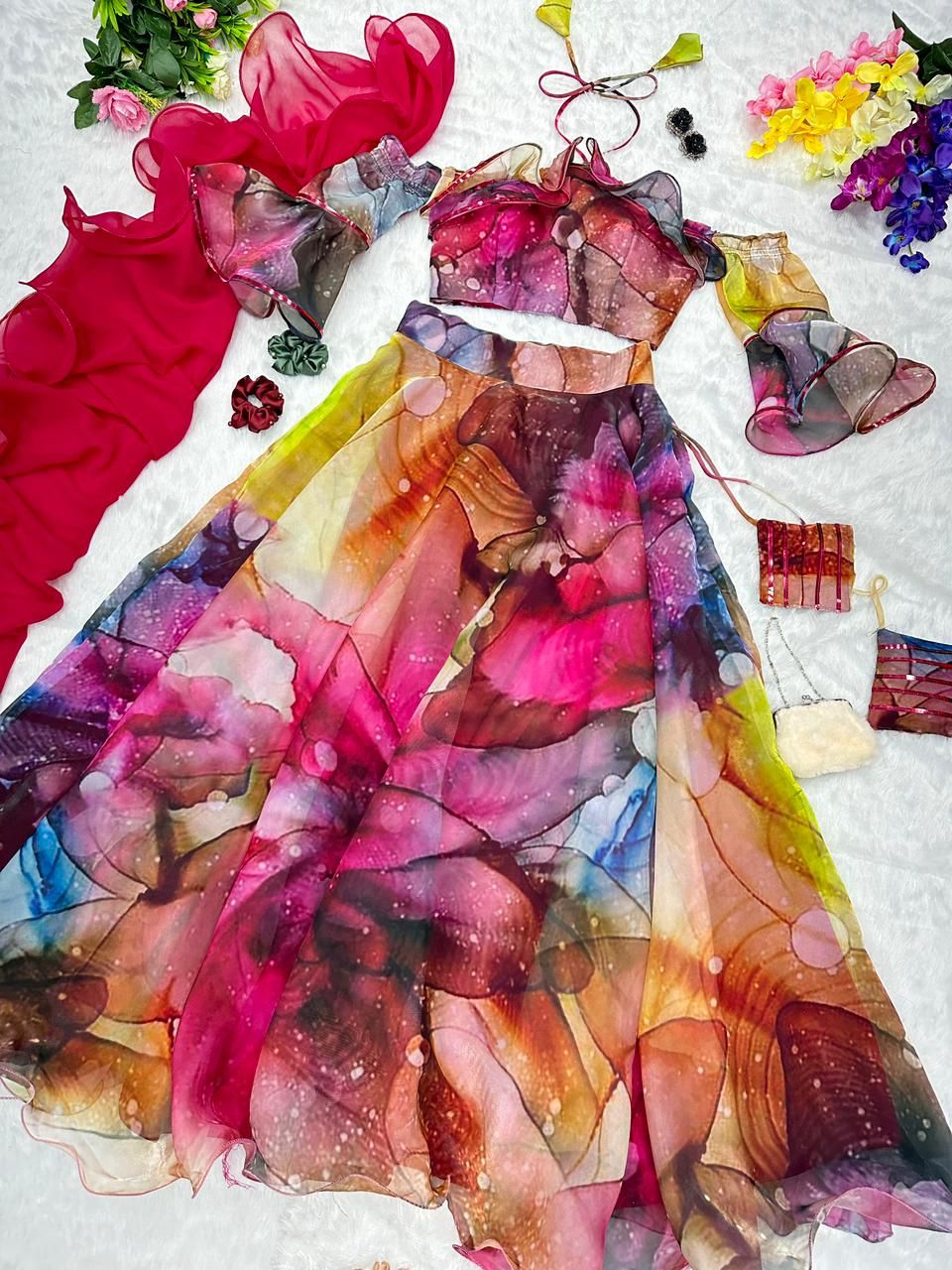 Multi Color Organza Silk Fully Stitched Lehenga Choli