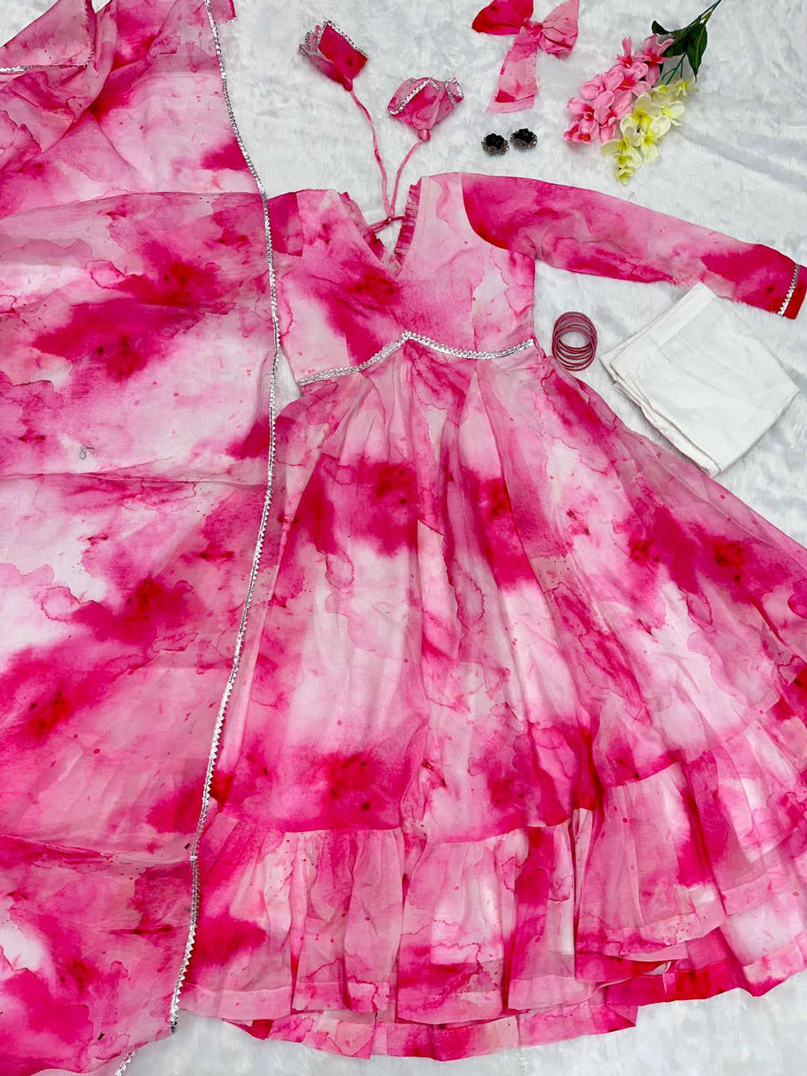 Shibori Print Pink Color Casual Wear Anarkali Suit
