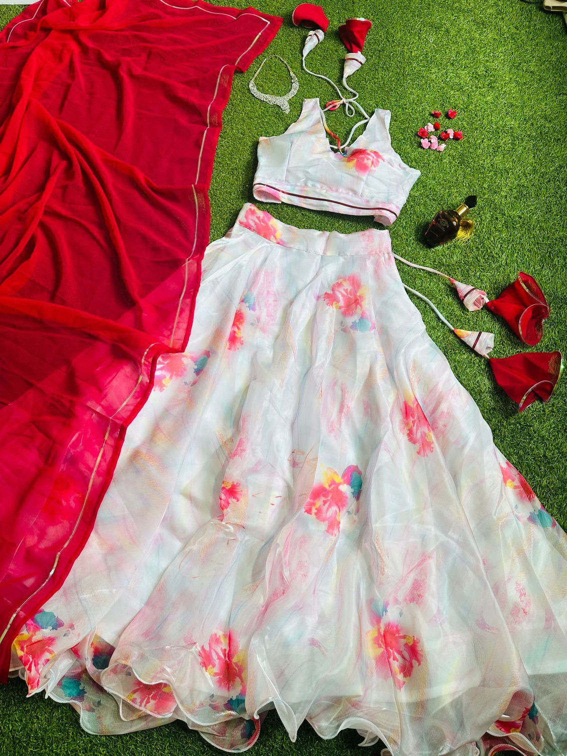 Stylish Digital Print White Color Lehenga Choli With Red Dupatta