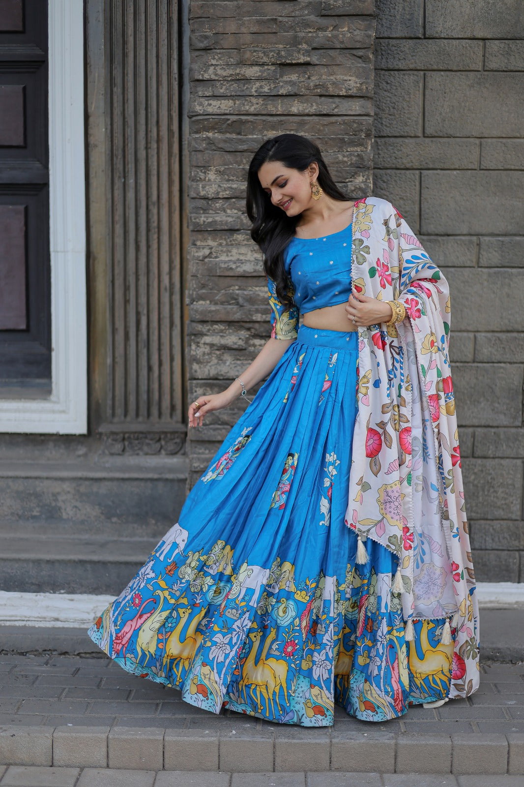 Navratri Special Sky Blue Color Printed Lehenga Choli