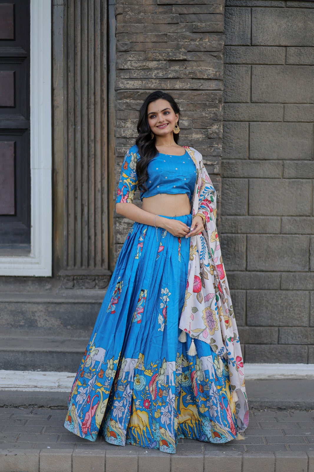 Navratri Special Sky Blue Color Printed Lehenga Choli