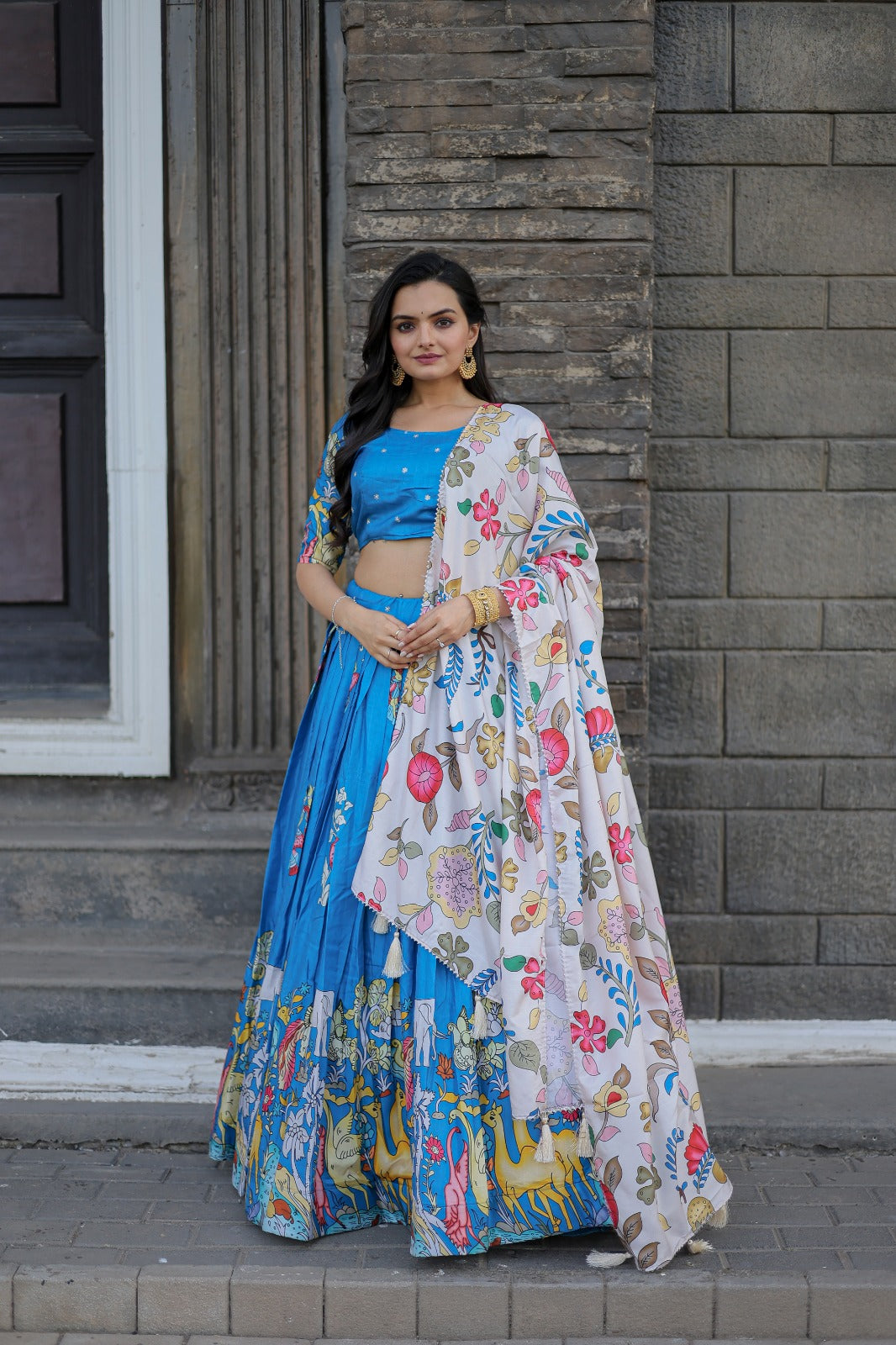 Navratri Special Sky Blue Color Printed Lehenga Choli