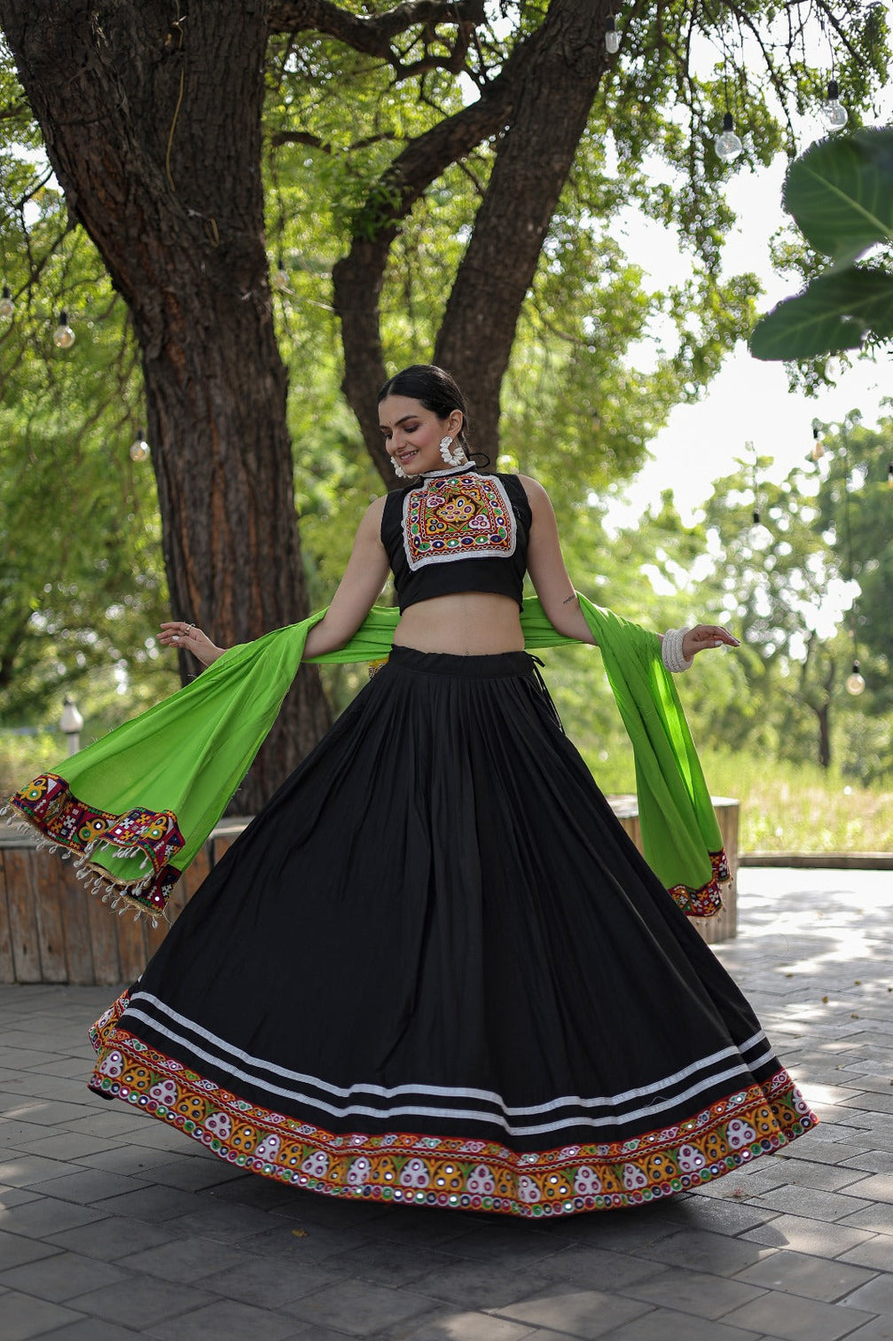 Designer Kutchi Gamthi Mirror Work Black Color Lehenga Choli