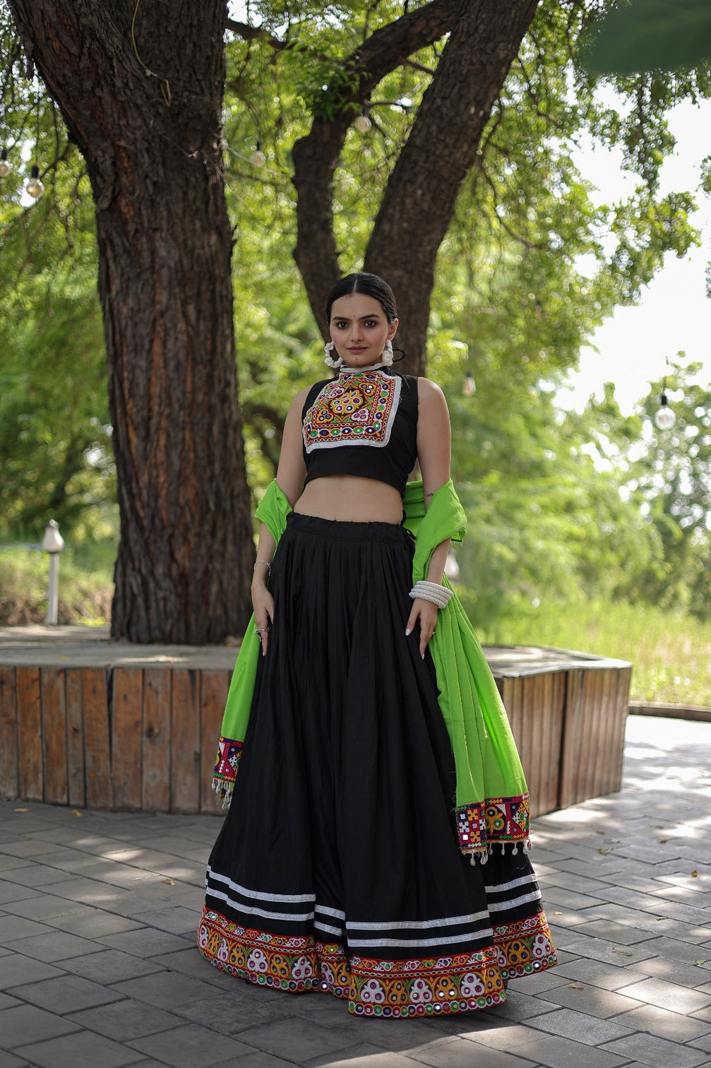 Designer Kutchi Gamthi Mirror Work Black Color Lehenga Choli