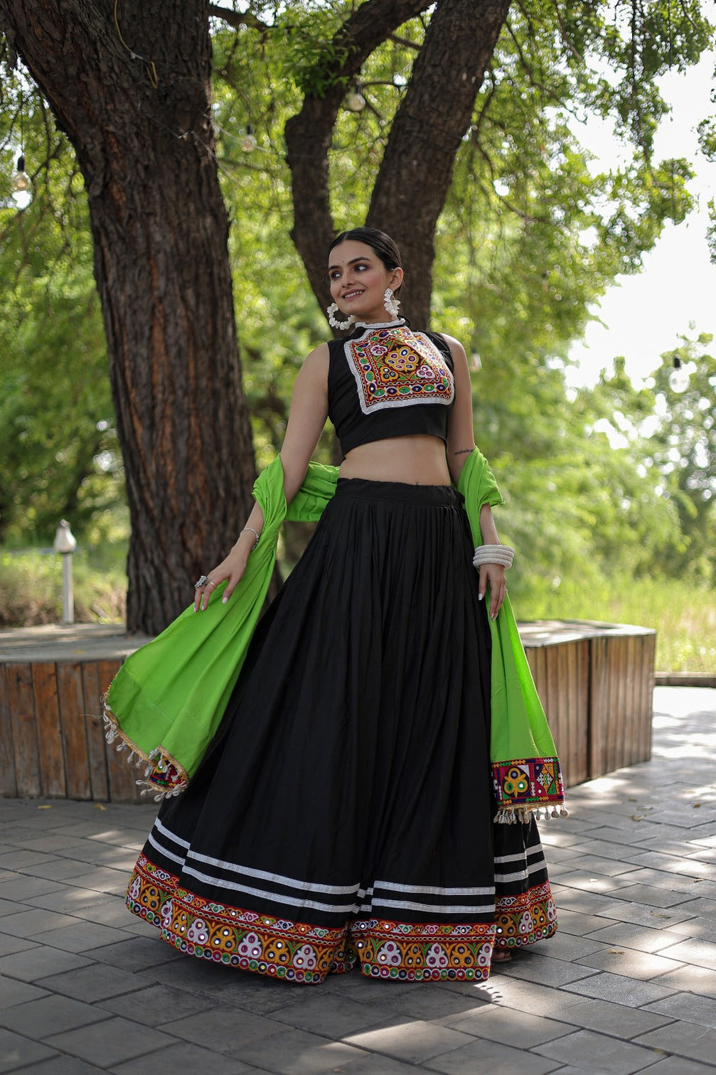 Designer Kutchi Gamthi Mirror Work Black Color Lehenga Choli