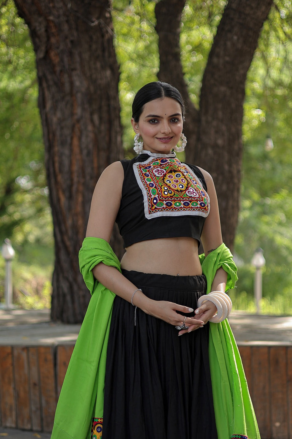 Designer Kutchi Gamthi Mirror Work Black Color Lehenga Choli