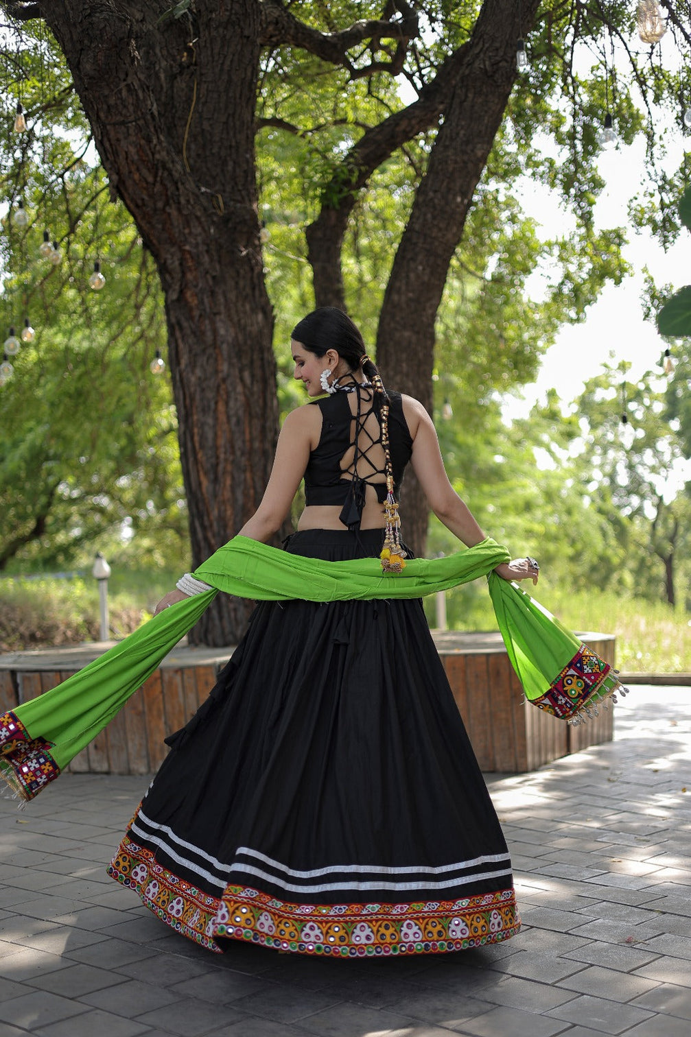 Designer Kutchi Gamthi Mirror Work Black Color Lehenga Choli