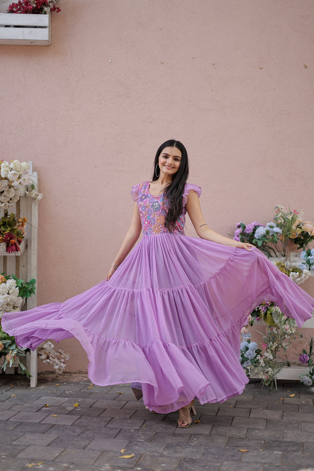 Captivating Ruffle Flare Lavender Color Gown
