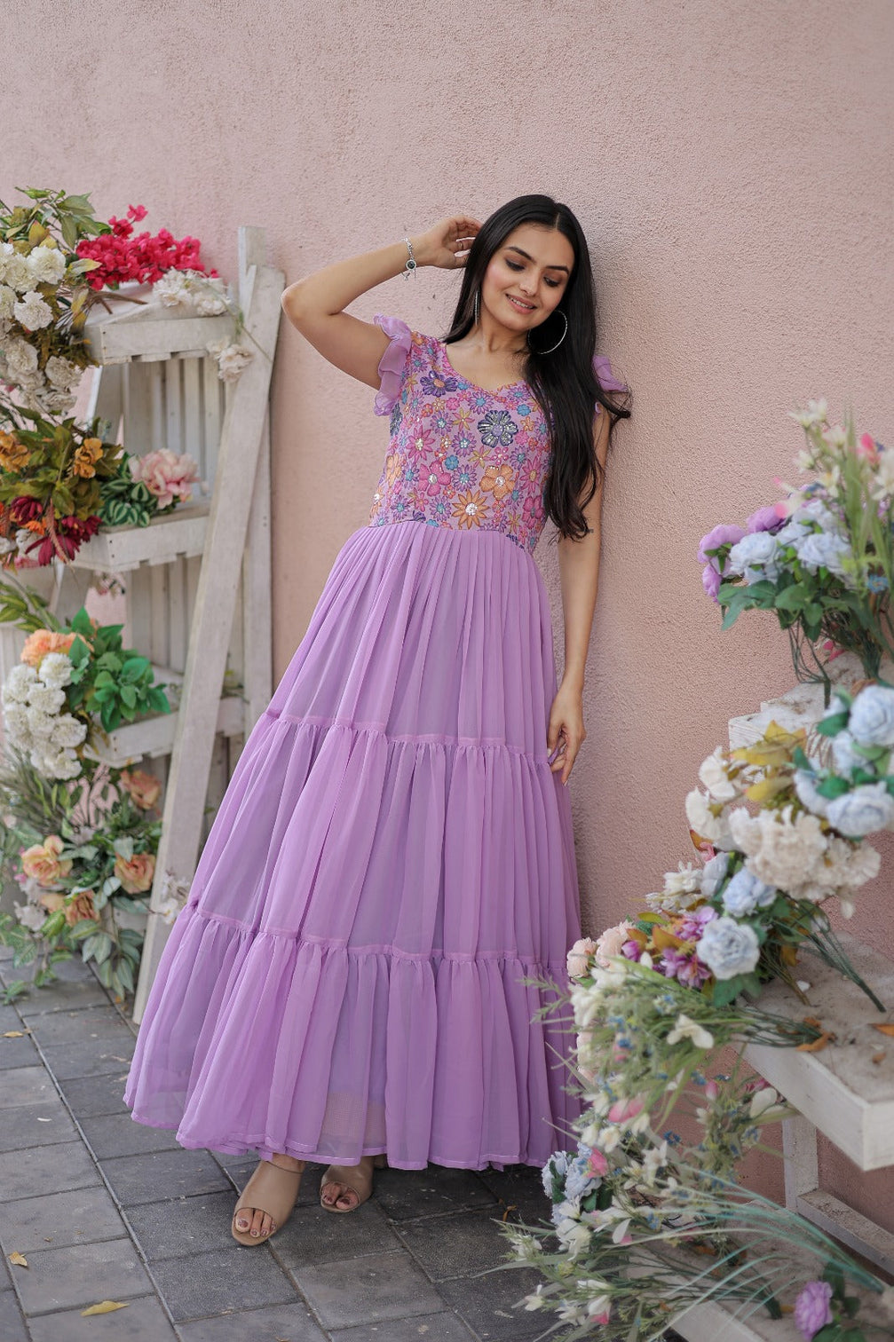 Captivating Ruffle Flare Lavender Color Gown