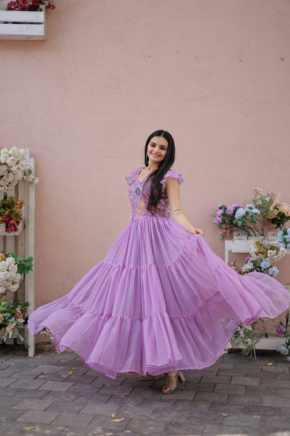 Captivating Ruffle Flare Lavender Color Gown