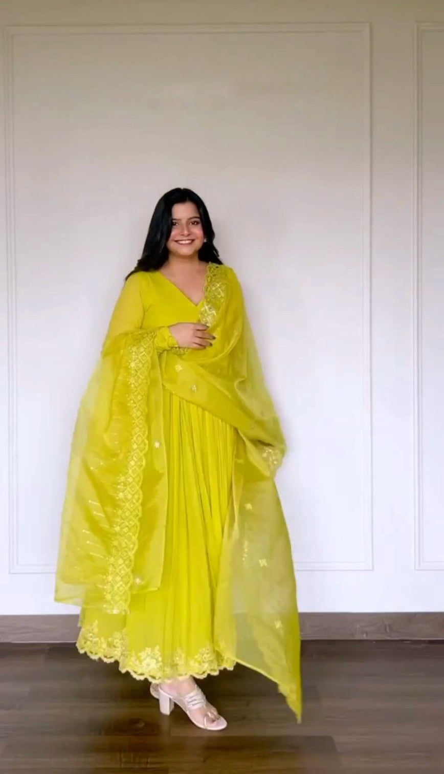 Beautiful Sequence Work Lemon Yellow Color Anarkali Gown