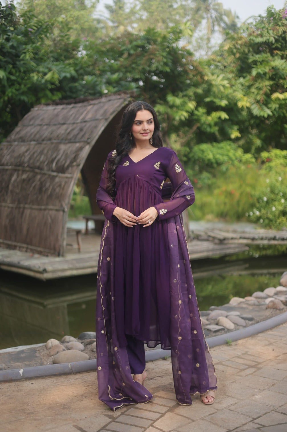 Fancy Purple Embroidery Work Beautiful Kurti pant With dupatta