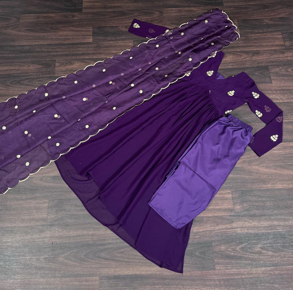 Fancy Purple Embroidery Work Beautiful Kurti pant With dupatta